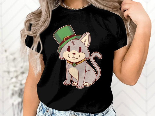 Funny Irish Cat T-Shirt for Cat Lovers, St. Patricks Day Cat Tee, Funny Cat Shirt, Cat Wearing Green Top Hat