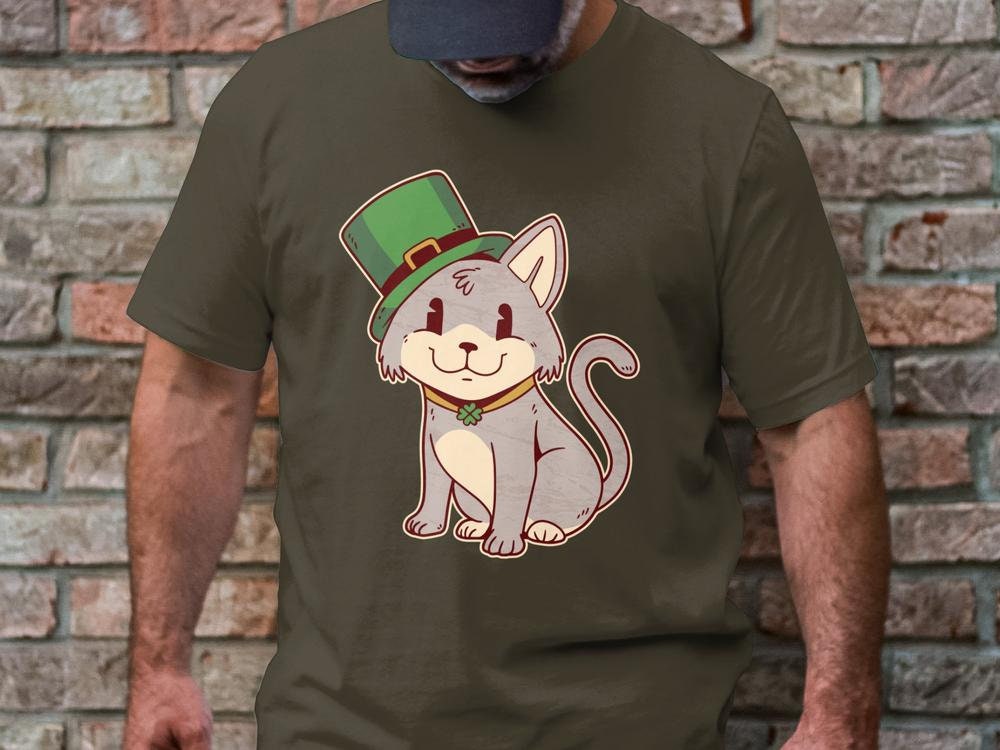 Funny Irish Cat T-Shirt for Cat Lovers, St. Patricks Day Cat Tee, Funny Cat Shirt, Cat Wearing Green Top Hat