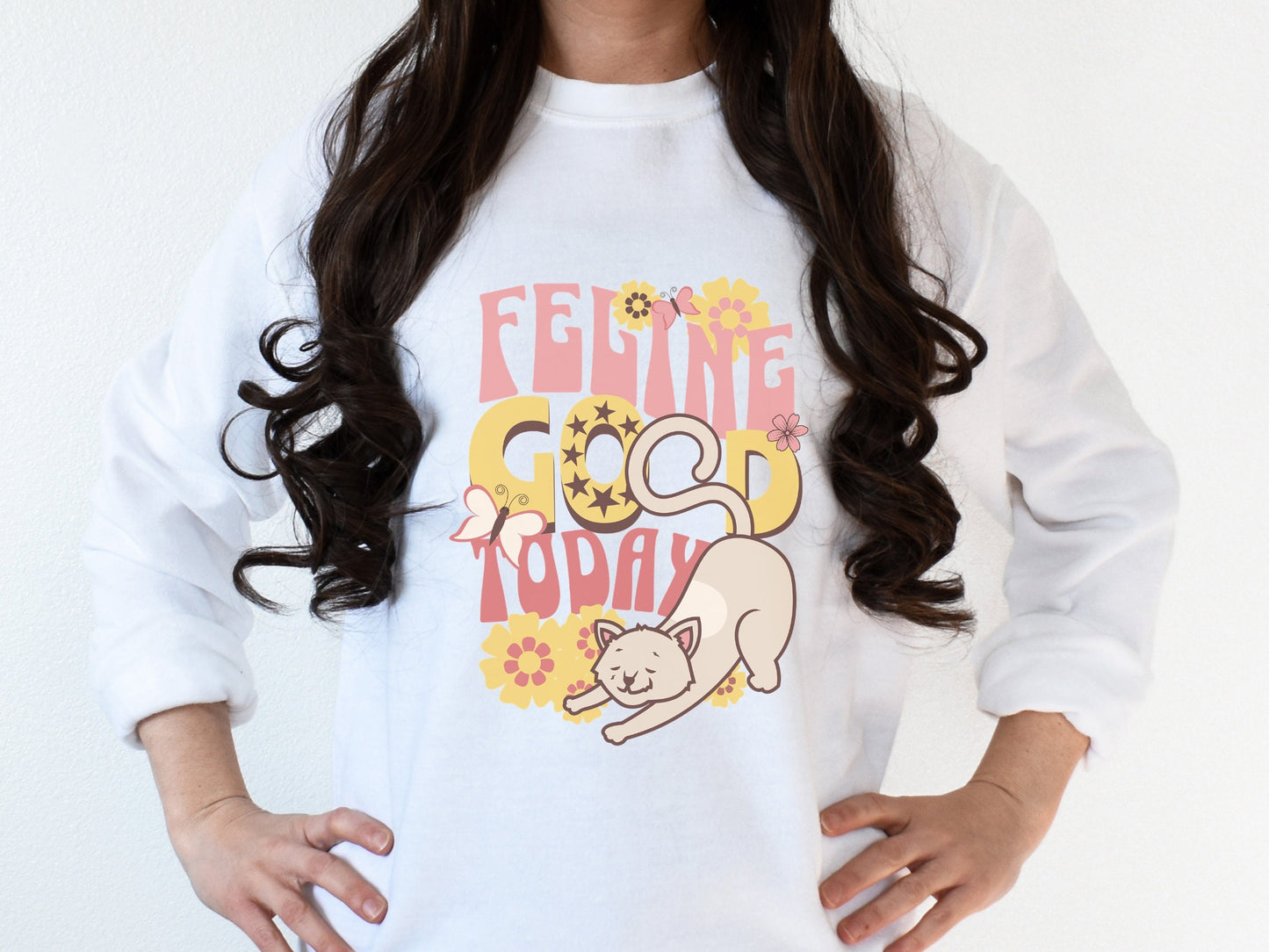 Funny Cat Sweatshirt, Feline Good Today, Cute Retro Style Cat Tee, Vintage Flower Child Design Cat Shirt, Gift for Cat Lover