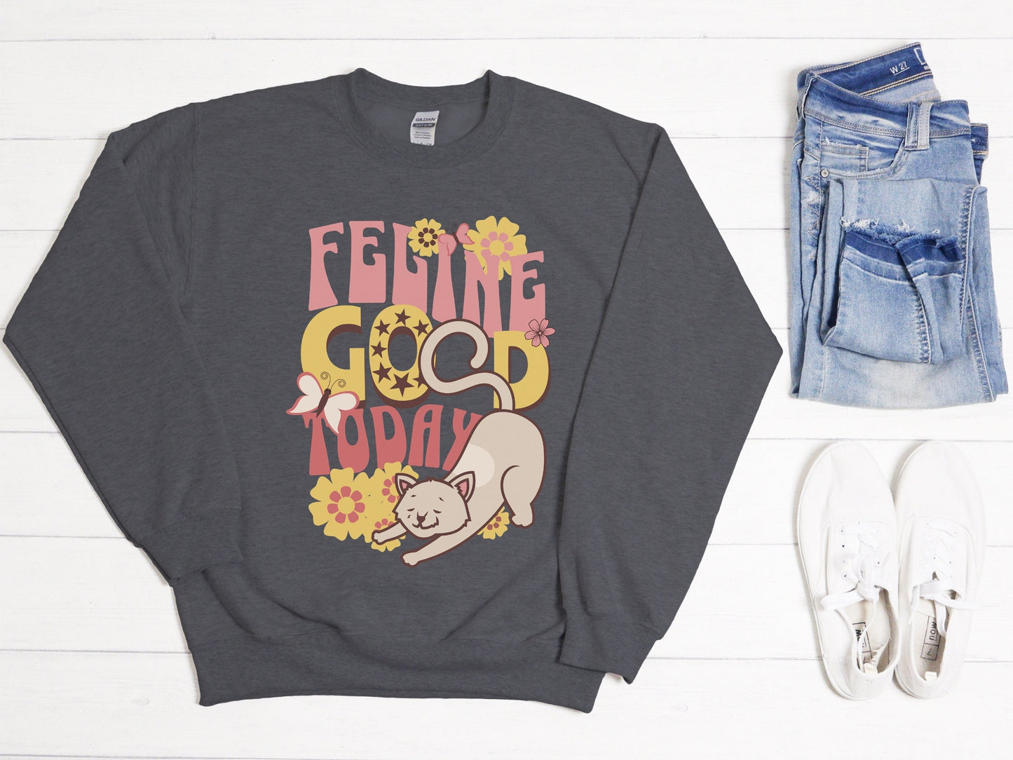 Funny Cat Sweatshirt, Feline Good Today, Cute Retro Style Cat Tee, Vintage Flower Child Design Cat Shirt, Gift for Cat Lover