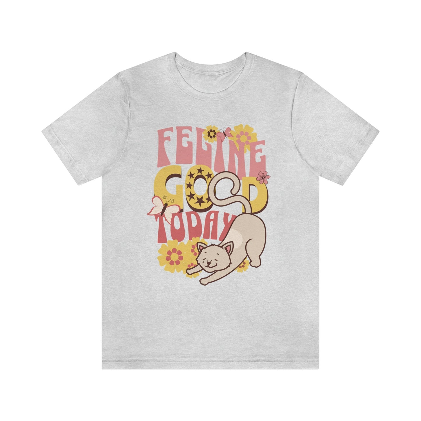 Funny Cat Tee, Feline Good Today, Cute Retro Style Cat T-Shirt, Vintage Flower Child Design Cat Shirt, Gift for Cat Lover