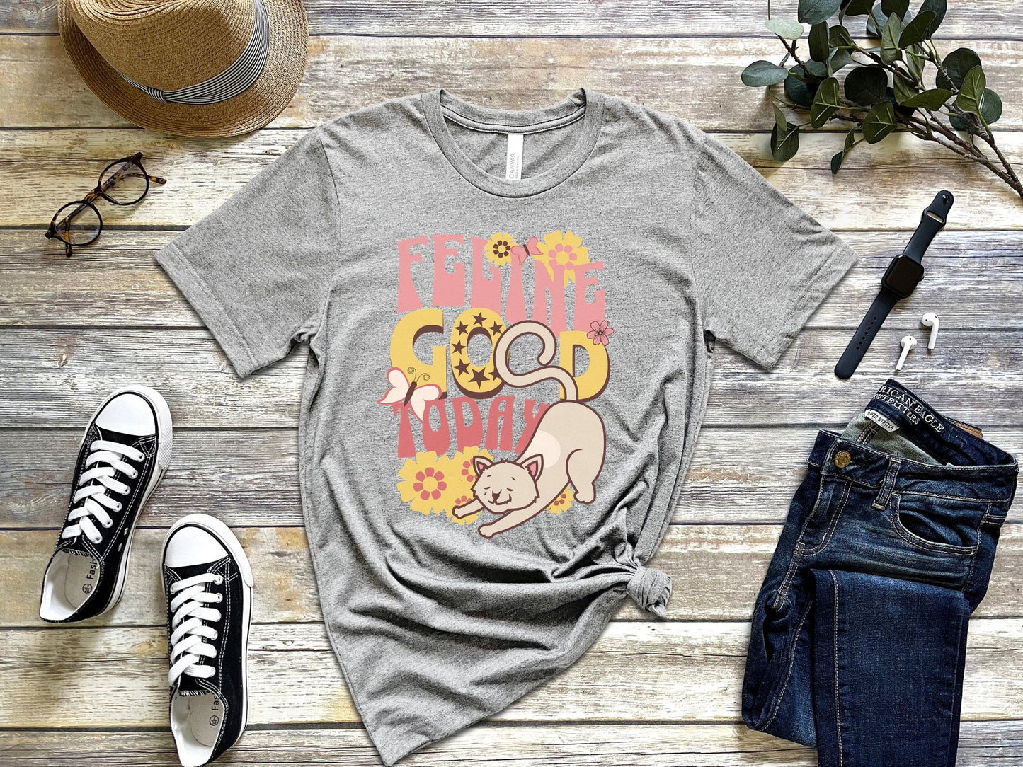 Funny Cat Tee, Feline Good Today, Cute Retro Style Cat T-Shirt, Vintage Flower Child Design Cat Shirt, Gift for Cat Lover