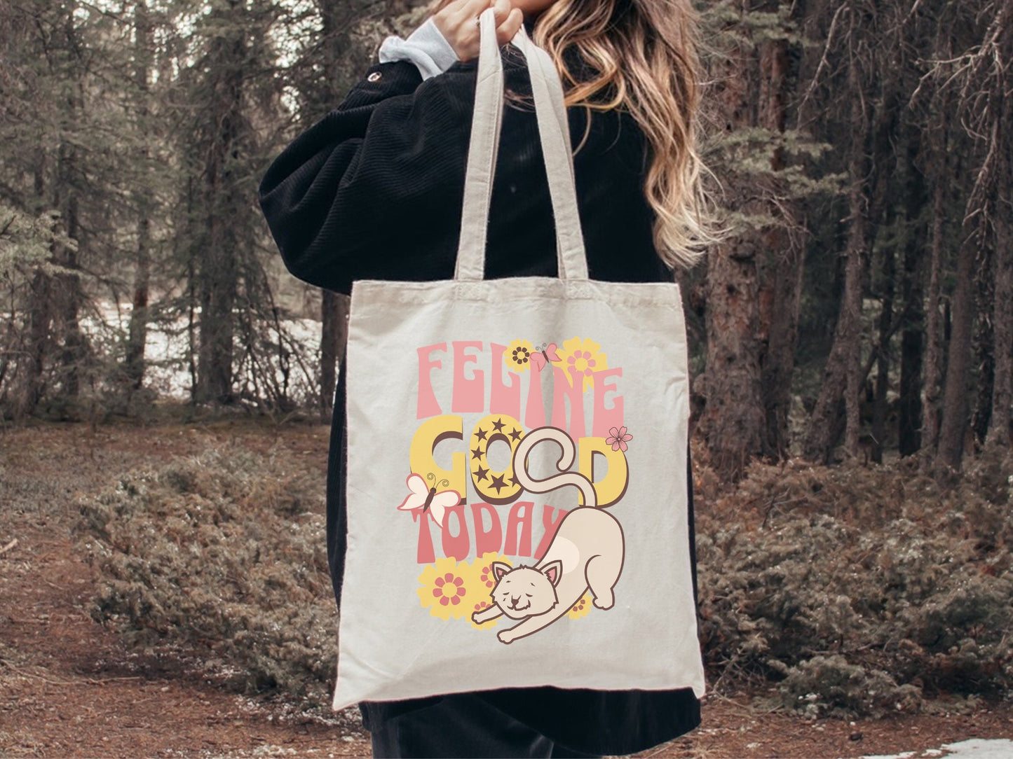Funny Cat Tote, Feline Good Today, Cute Retro Style Cat Tote, Vintage Flower Child Design Cat Tote, Gift for Cat Lover, Canvas Tote Bag