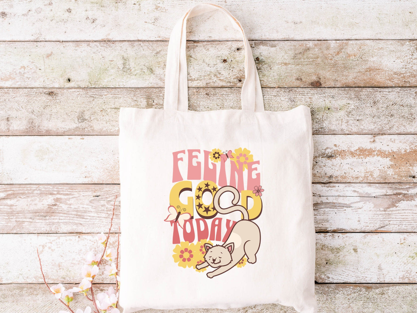 Funny Cat Tote, Feline Good Today, Cute Retro Style Cat Tote, Vintage Flower Child Design Cat Tote, Gift for Cat Lover, Canvas Tote Bag