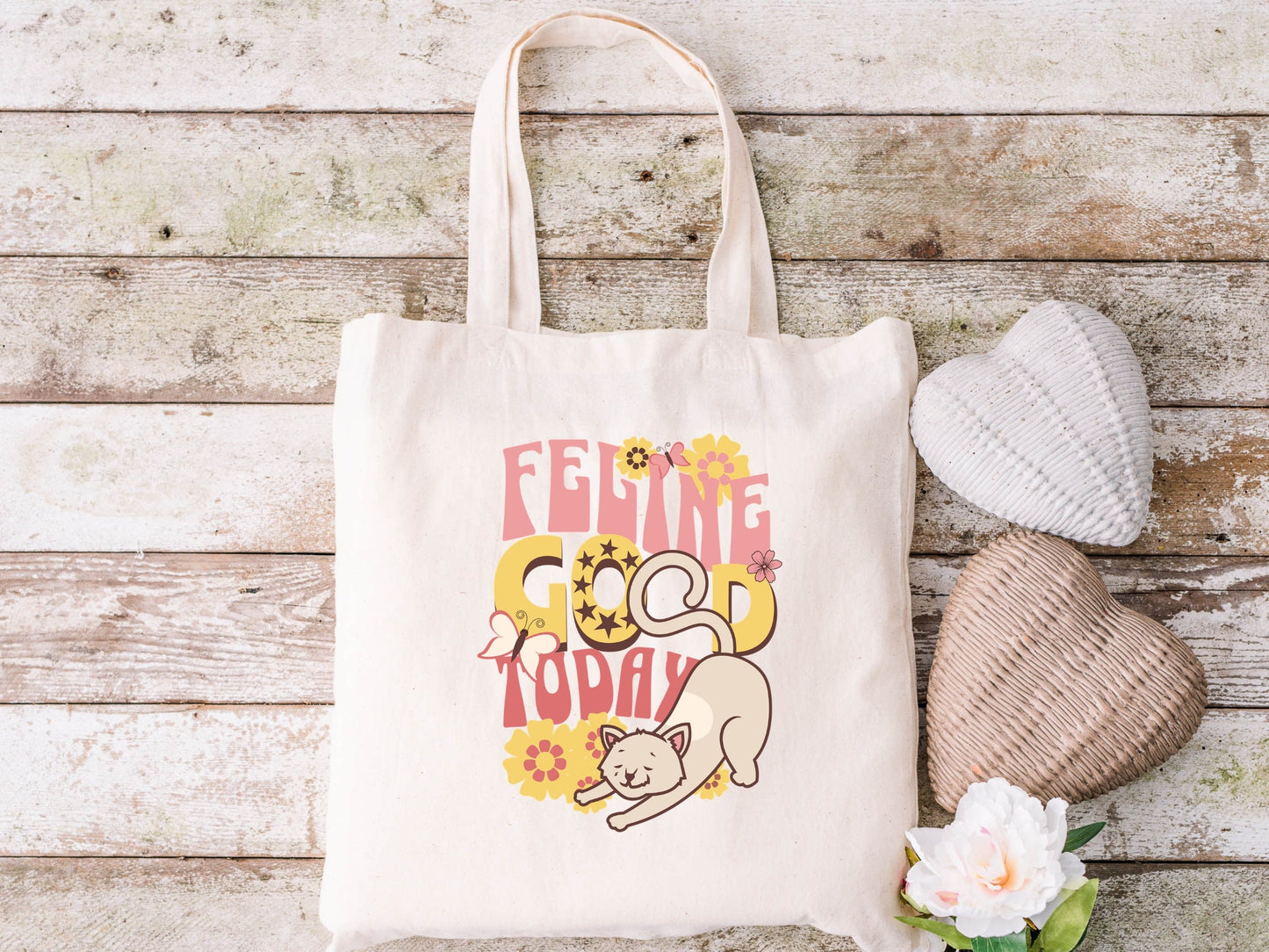 Funny Cat Tote, Feline Good Today, Cute Retro Style Cat Tote, Vintage Flower Child Design Cat Tote, Gift for Cat Lover, Canvas Tote Bag