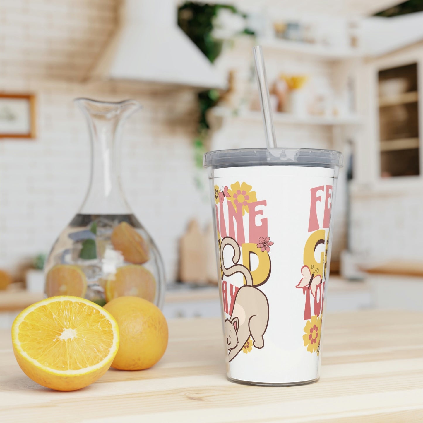 Cute Cat Mug, Feline Good Today, Tumbler with Straw, Vintage Flower Child Designr, Gift for Cat Lover, Plastic Tumbler with Straw