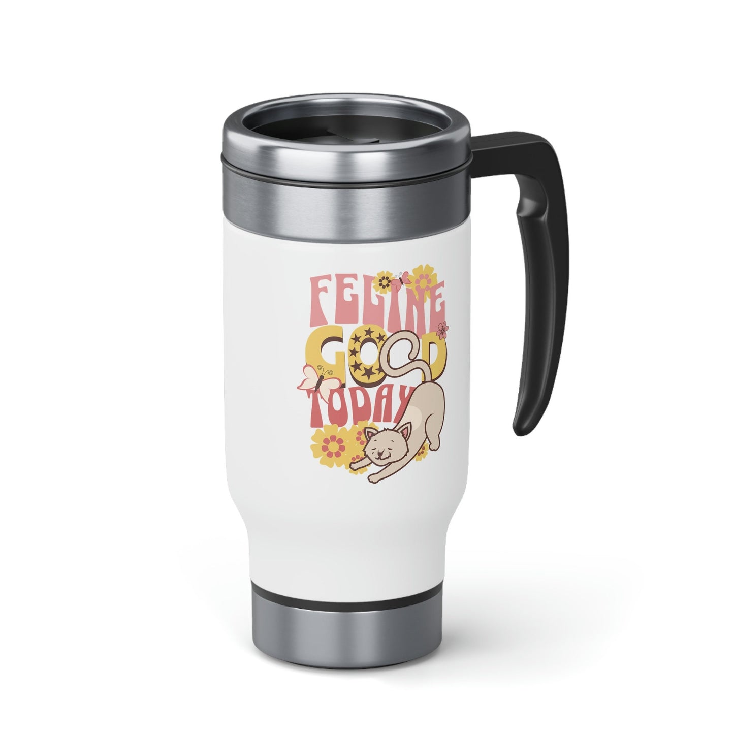 Cute Cat Travel Mug, Feline Good Today, Stainless Steel Mug, Vintage Flower Child Design, Gift for Cat Lover, 14 Oz