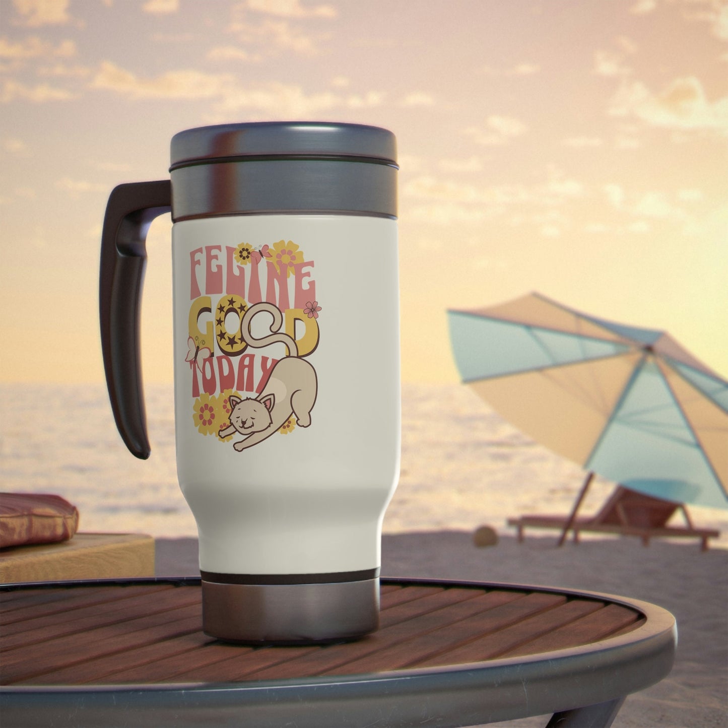 Cute Cat Travel Mug, Feline Good Today, Stainless Steel Mug, Vintage Flower Child Design, Gift for Cat Lover, 14 Oz