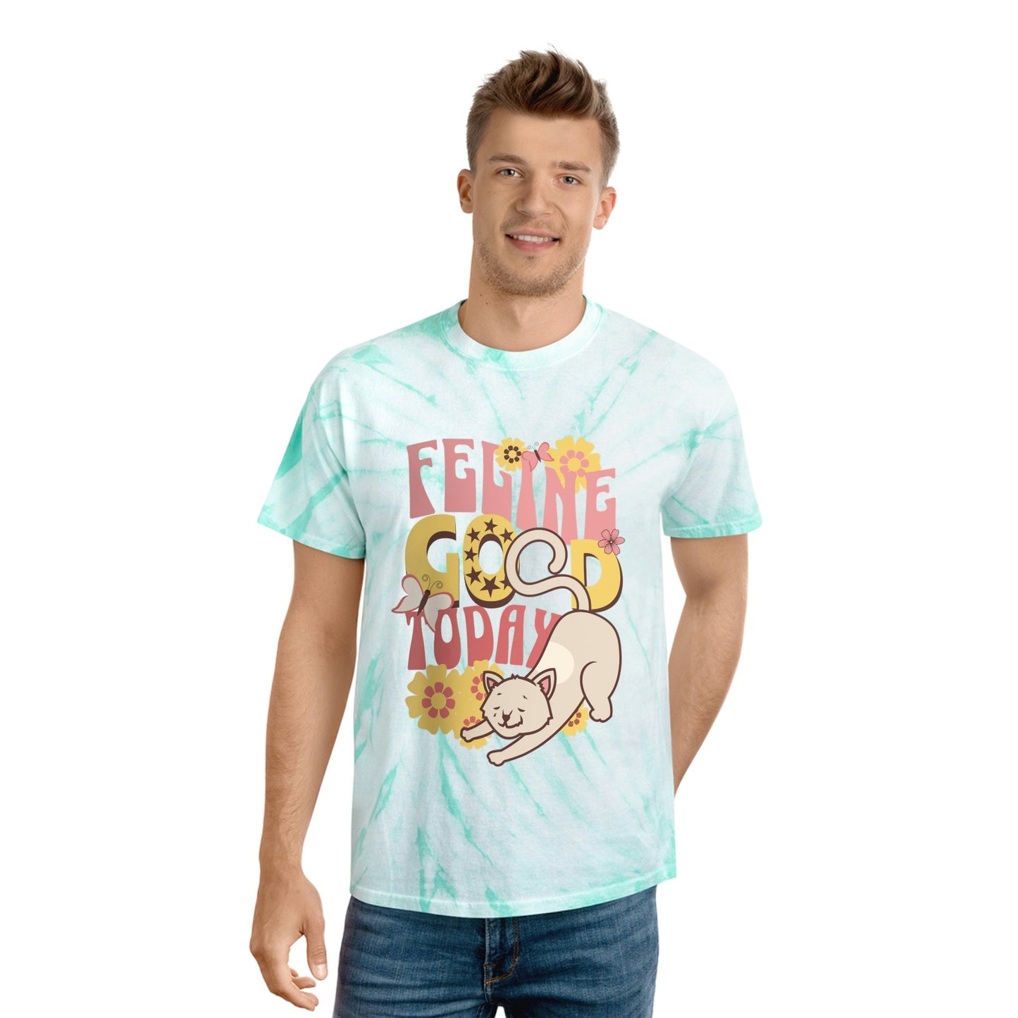 Tie-Dye Cat Tee, Feline Good Today, Cute Retro Style Cat T-Shirt, Vintage Flower Child Design Shirt, Gift for Cat Lover
