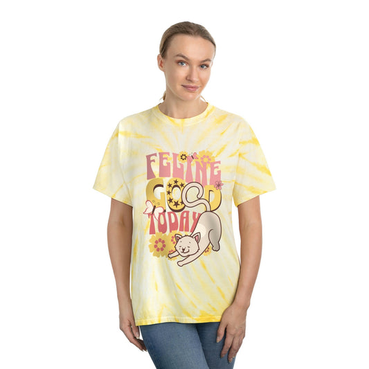 Tie-Dye Cat Tee, Feline Good Today, Cute Retro Style Cat T-Shirt, Vintage Flower Child Design Shirt, Gift for Cat Lover
