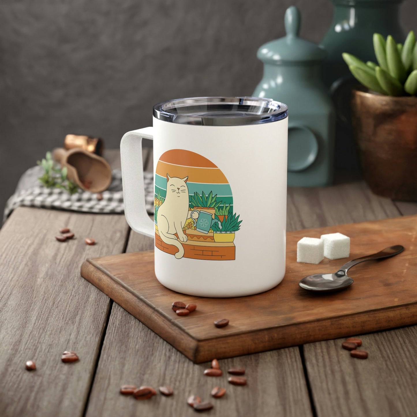 Cute Cat Travel Mug with Lid, Plant Lady Gift, Cats and Plants, Gift for Cat Lovers and Plant Lovers, Insulated Stainless Steel Travel Mug
