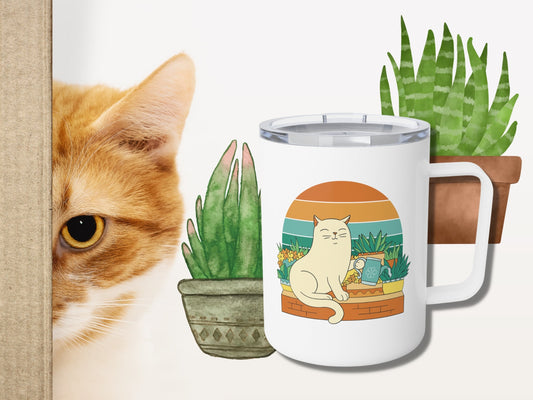 Cute Cat Travel Mug with Lid, Plant Lady Gift, Cats and Plants, Gift for Cat Lovers and Plant Lovers, Insulated Stainless Steel Travel Mug