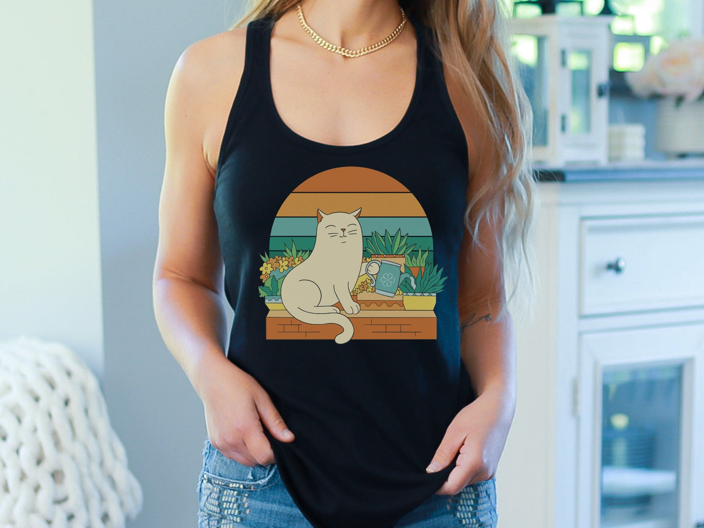 Cat Watering Plants Tank Top, Plant Lady Gift, Racerback for Plant Lover, Cat Lover, Gardener, Succulent Enthusiast, Plant Lover Gift Shirt