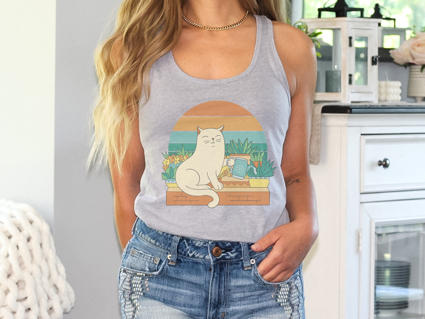 Cat Watering Plants Tank Top, Plant Lady Gift, Racerback for Plant Lover, Cat Lover, Gardener, Succulent Enthusiast, Plant Lover Gift Shirt