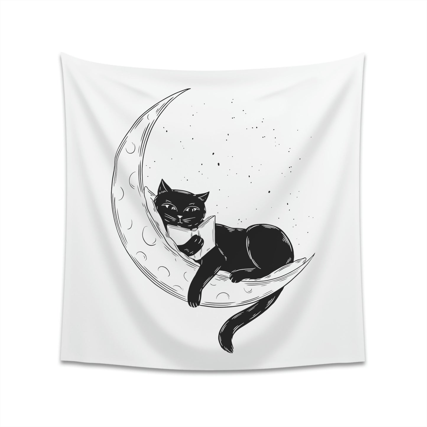 Celestial Cat Wall Tapestry, Black Cat Reading on the Moon, Cool Cat Art for Living Room, Housewarming Gift for Cat Lover
