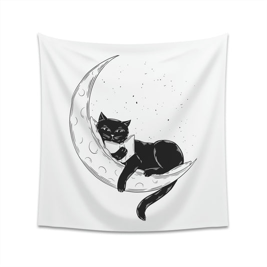 Celestial Cat Wall Tapestry, Black Cat Reading on the Moon, Cool Cat Art for Living Room, Housewarming Gift for Cat Lover