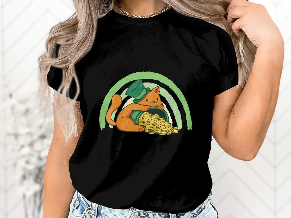 Funny Irish Cat T-Shirt for Cat Lovers, Pot of Gold Shirt, Rainbow Tee, St. Patricks Day Cat Tee, Funny Cat Shirt, Cat Wearing Green Top Hat