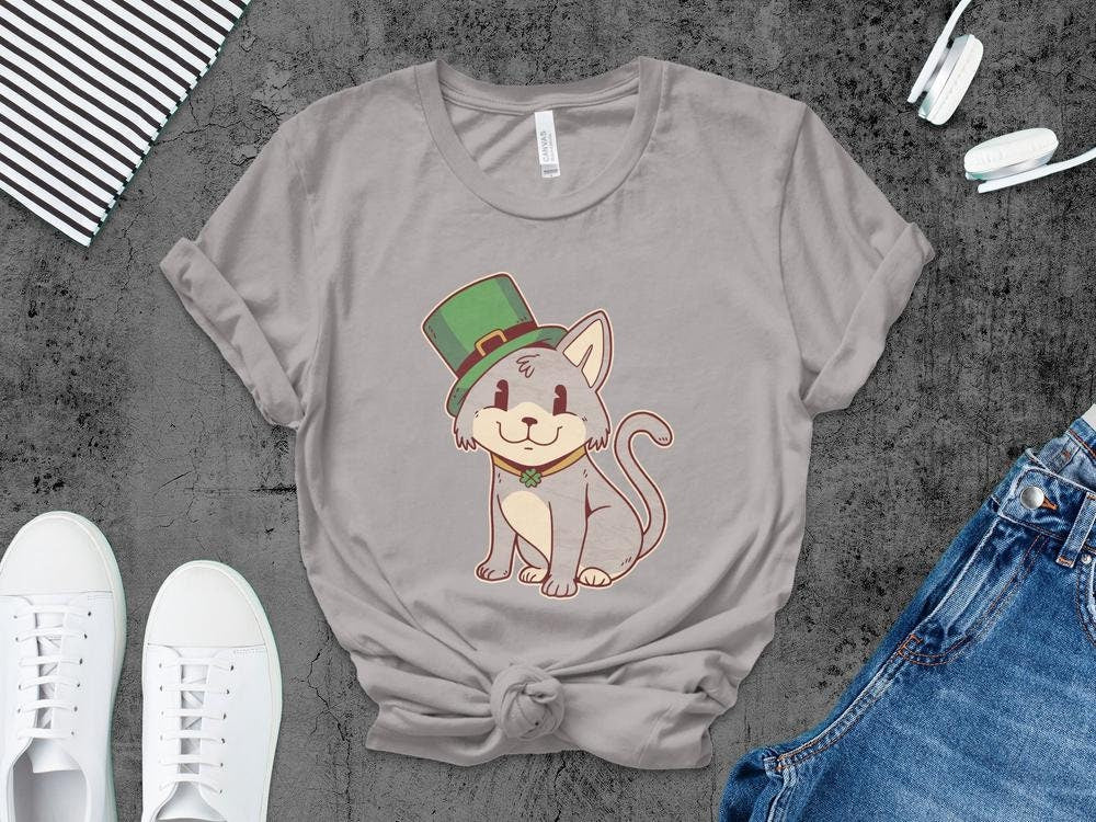 Funny Irish Cat T-Shirt for Cat Lovers, St. Patricks Day Cat Tee, Funny Cat Shirt, Cat Wearing Green Top Hat