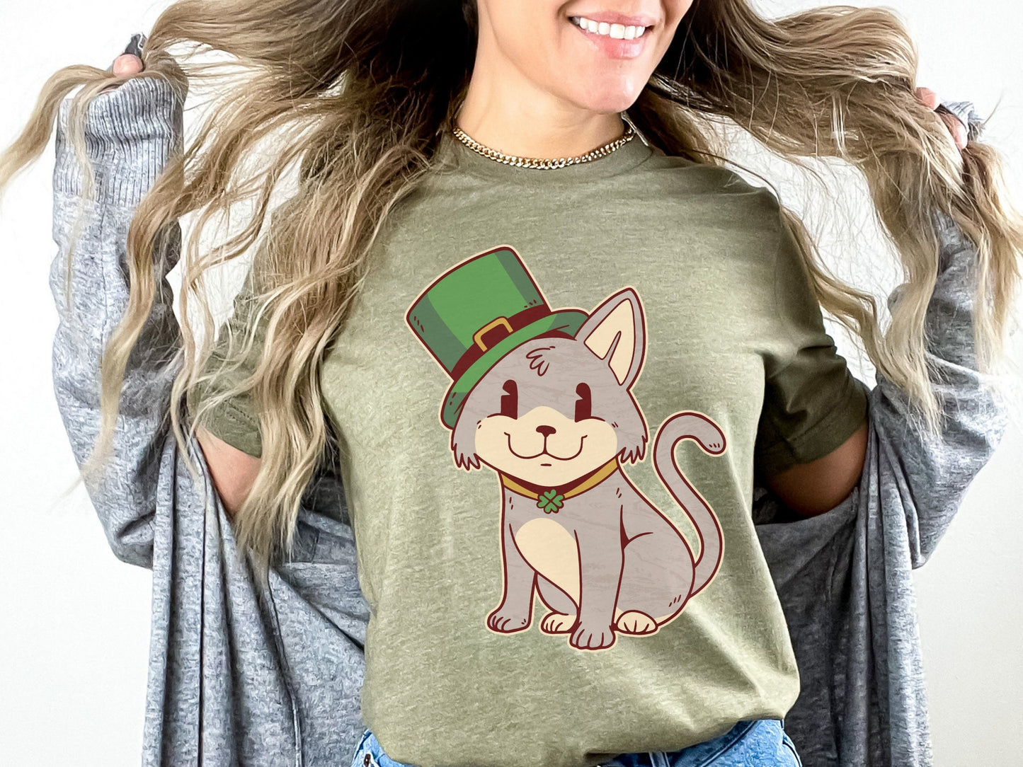 Funny Irish Cat T-Shirt for Cat Lovers, St. Patricks Day Cat Tee, Funny Cat Shirt, Cat Wearing Green Top Hat