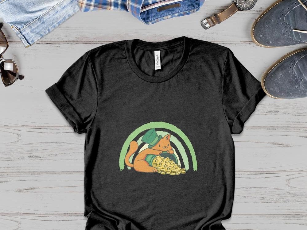 Funny Irish Cat T-Shirt for Cat Lovers, Pot of Gold Shirt, Rainbow Tee, St. Patricks Day Cat Tee, Funny Cat Shirt, Cat Wearing Green Top Hat