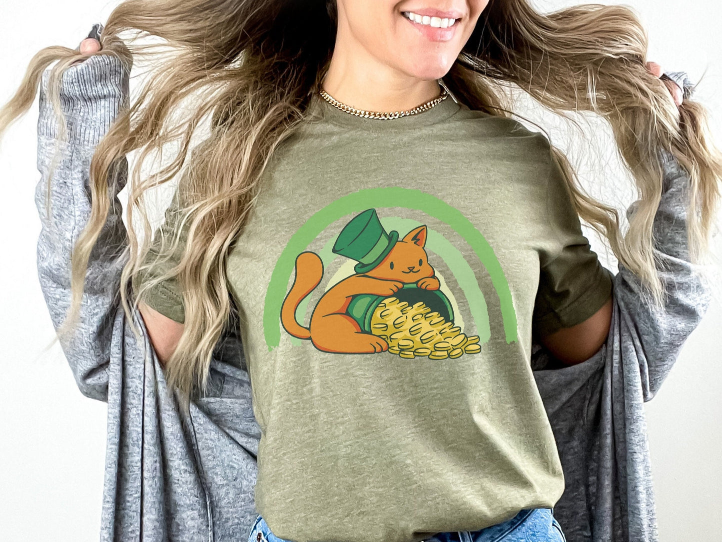 Funny Irish Cat T-Shirt for Cat Lovers, Pot of Gold Shirt, Rainbow Tee, St. Patricks Day Cat Tee, Funny Cat Shirt, Cat Wearing Green Top Hat