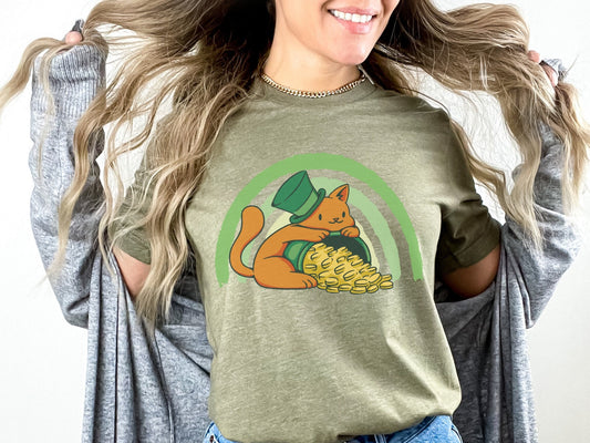 Funny Irish Cat T-Shirt for Cat Lovers, Pot of Gold Shirt, Rainbow Tee, St. Patricks Day Cat Tee, Funny Cat Shirt, Cat Wearing Green Top Hat