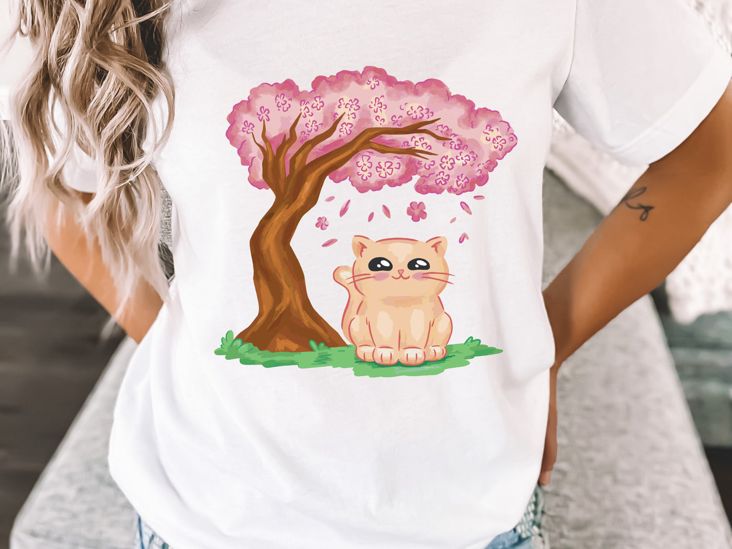 Cute Kawaii Cat Lover T-Shirt Cat Sitting Under Cherry Blossom Tree Unisex Jersey Short Sleeve Tee