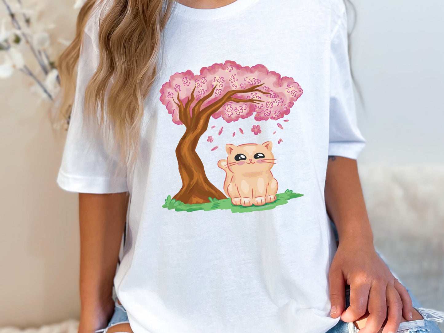 Cute Kawaii Cat Lover T-Shirt Cat Sitting Under Cherry Blossom Tree Unisex Jersey Short Sleeve Tee
