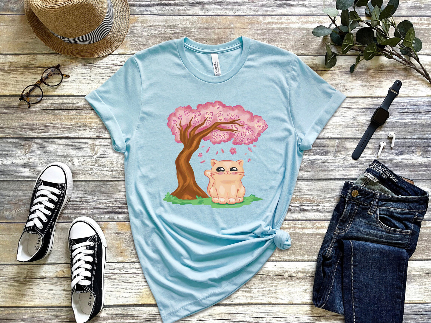 Cute Kawaii Cat Lover T-Shirt Cat Sitting Under Cherry Blossom Tree Unisex Jersey Short Sleeve Tee