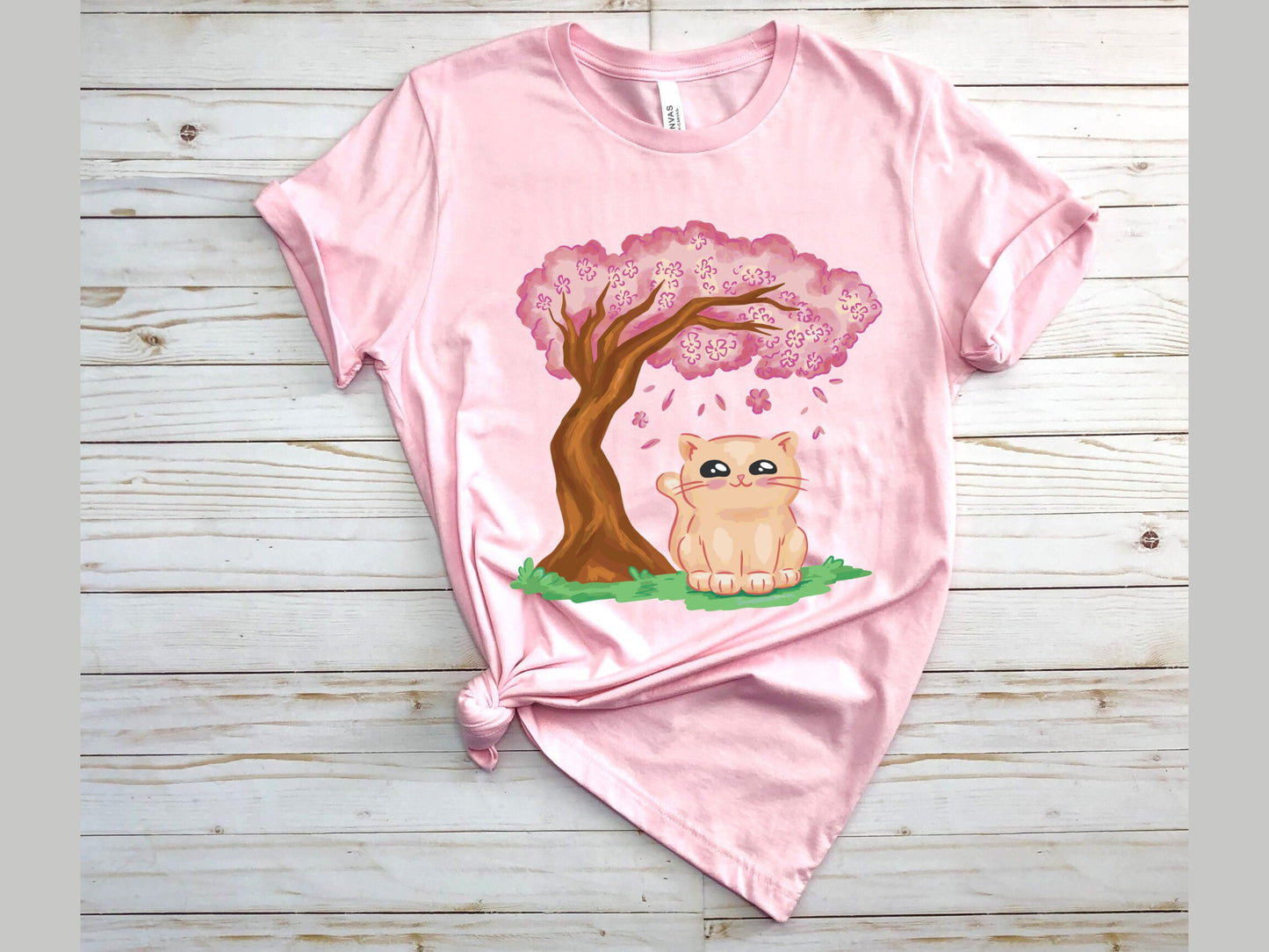Cute Kawaii Cat Lover T-Shirt Cat Sitting Under Cherry Blossom Tree Unisex Jersey Short Sleeve Tee