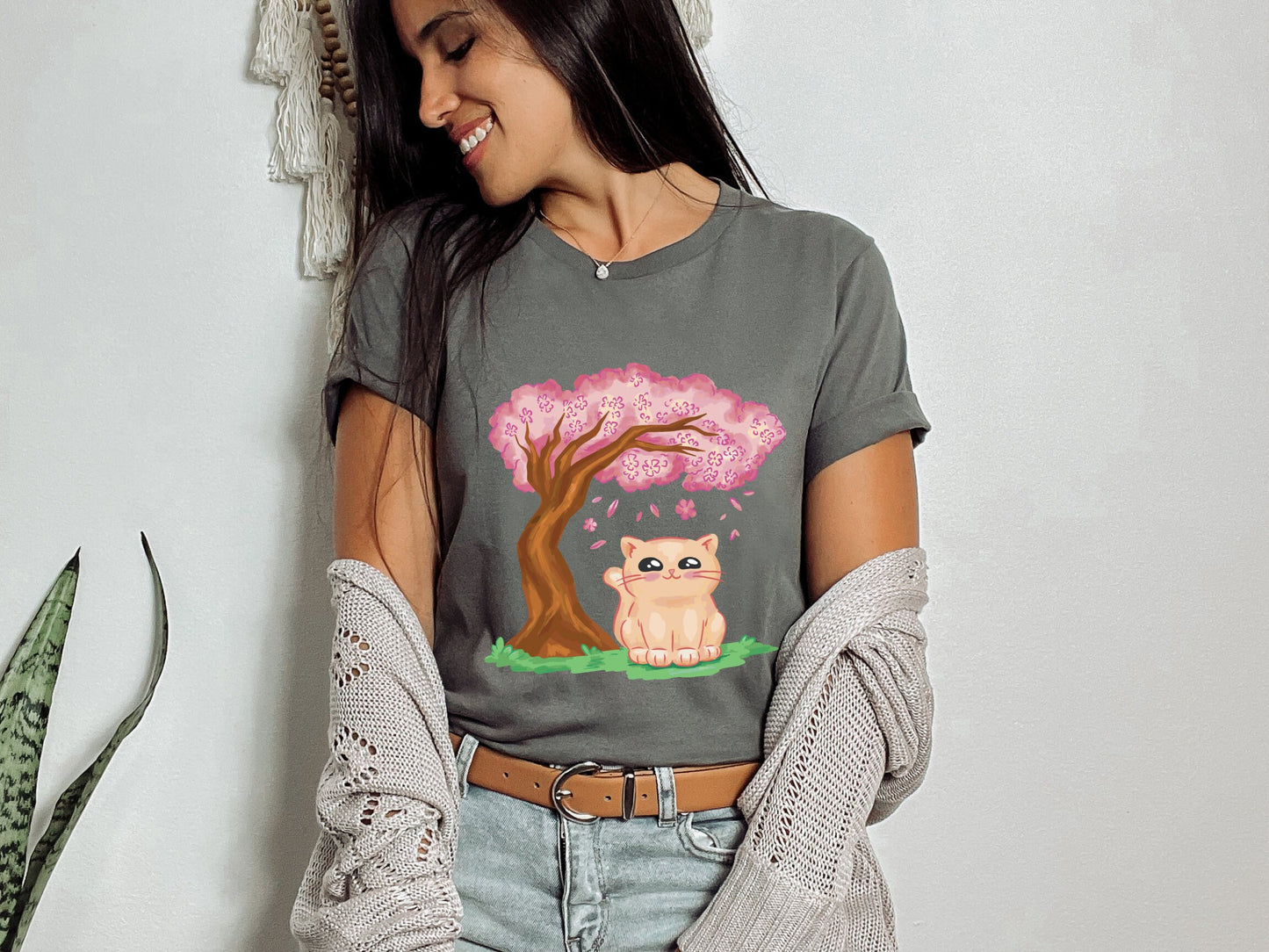 Cute Kawaii Cat Lover T-Shirt Cat Sitting Under Cherry Blossom Tree Unisex Jersey Short Sleeve Tee