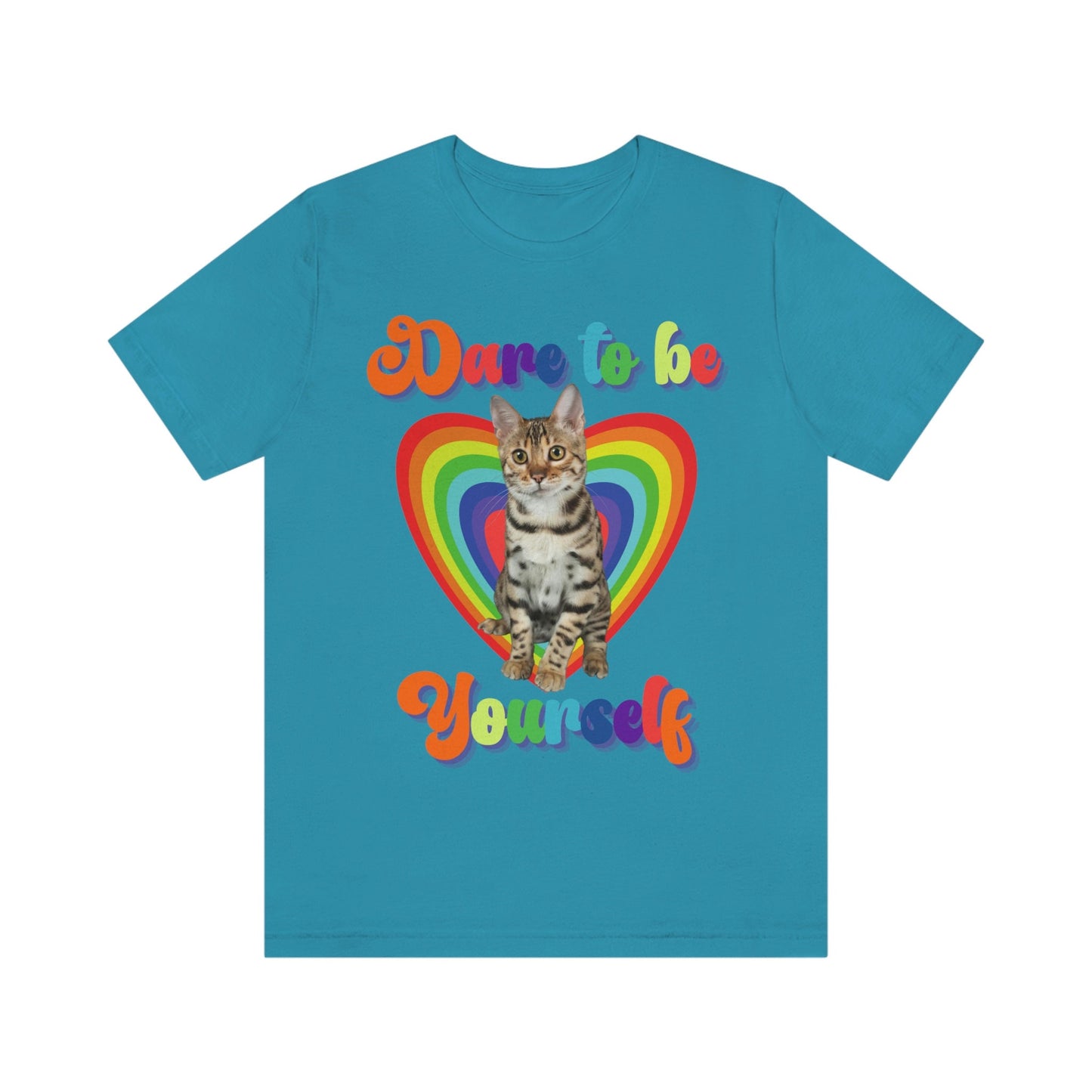 Dare to Be Yourself, LGBT Bengal Cat and Rainbow Heart Tshirt, Cat Lover Tee, Gift for Cat Parent Active Unisex Jersey Short Sleeve Tee
