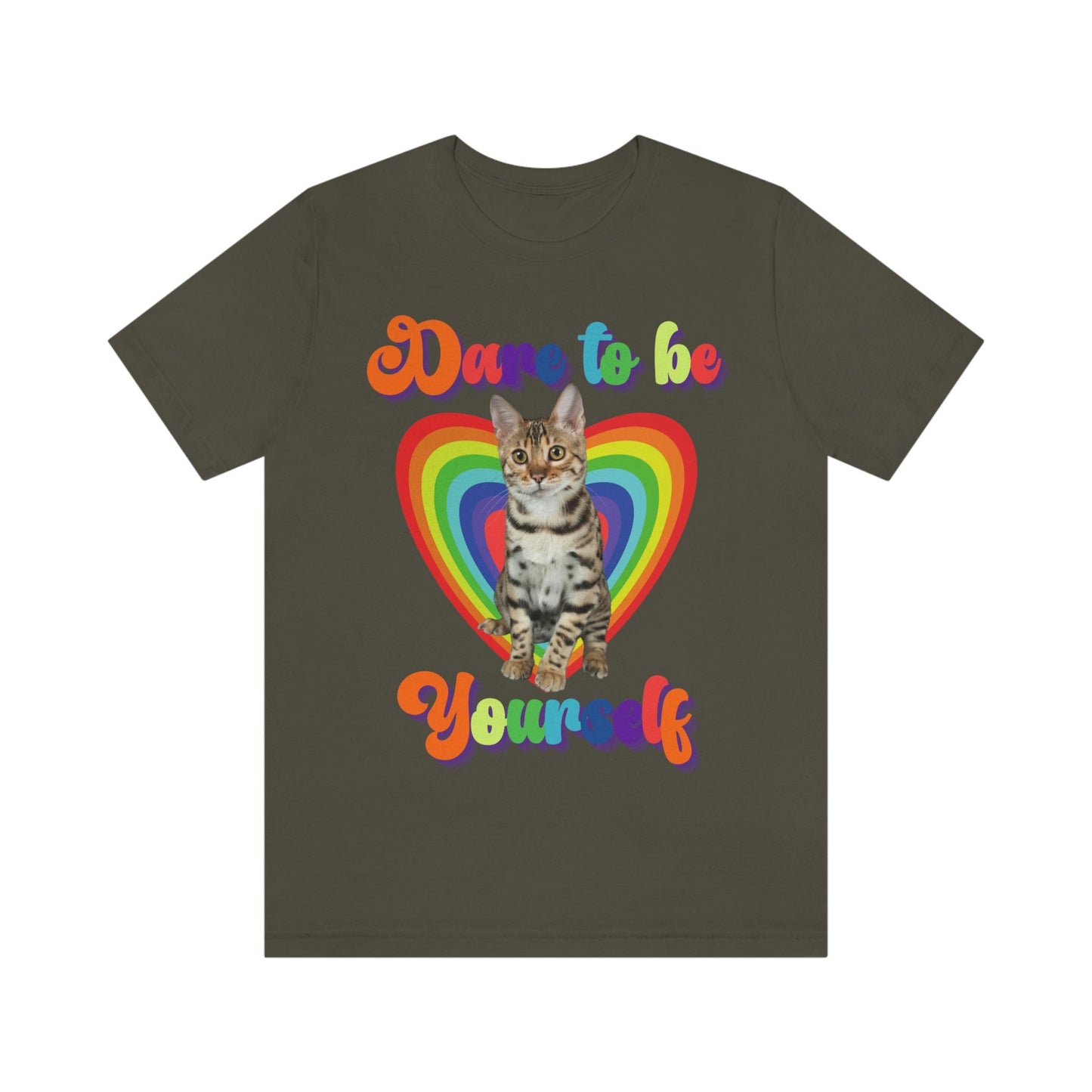 Dare to Be Yourself, LGBT Bengal Cat and Rainbow Heart Tshirt, Cat Lover Tee, Gift for Cat Parent Active Unisex Jersey Short Sleeve Tee