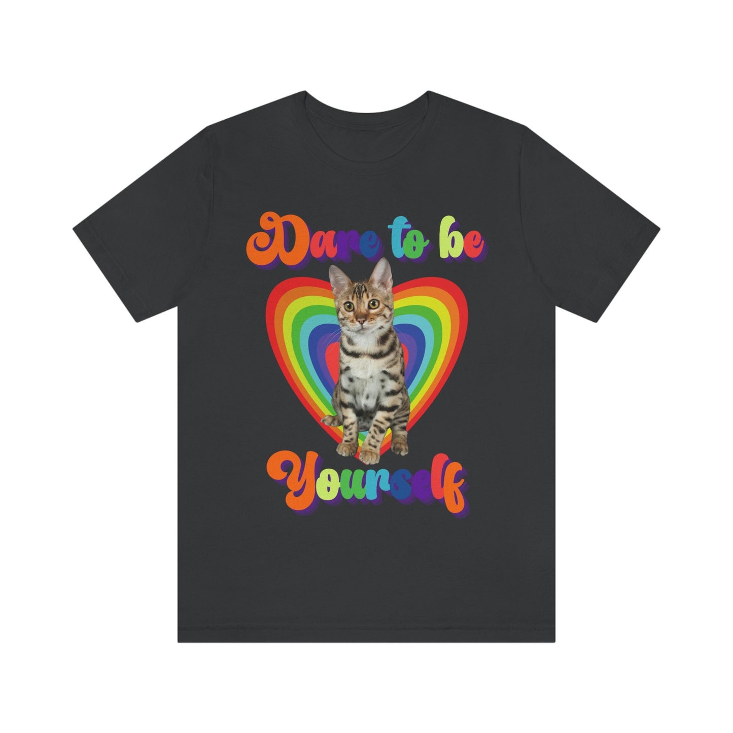 Dare to Be Yourself, LGBT Bengal Cat and Rainbow Heart Tshirt, Cat Lover Tee, Gift for Cat Parent Active Unisex Jersey Short Sleeve Tee