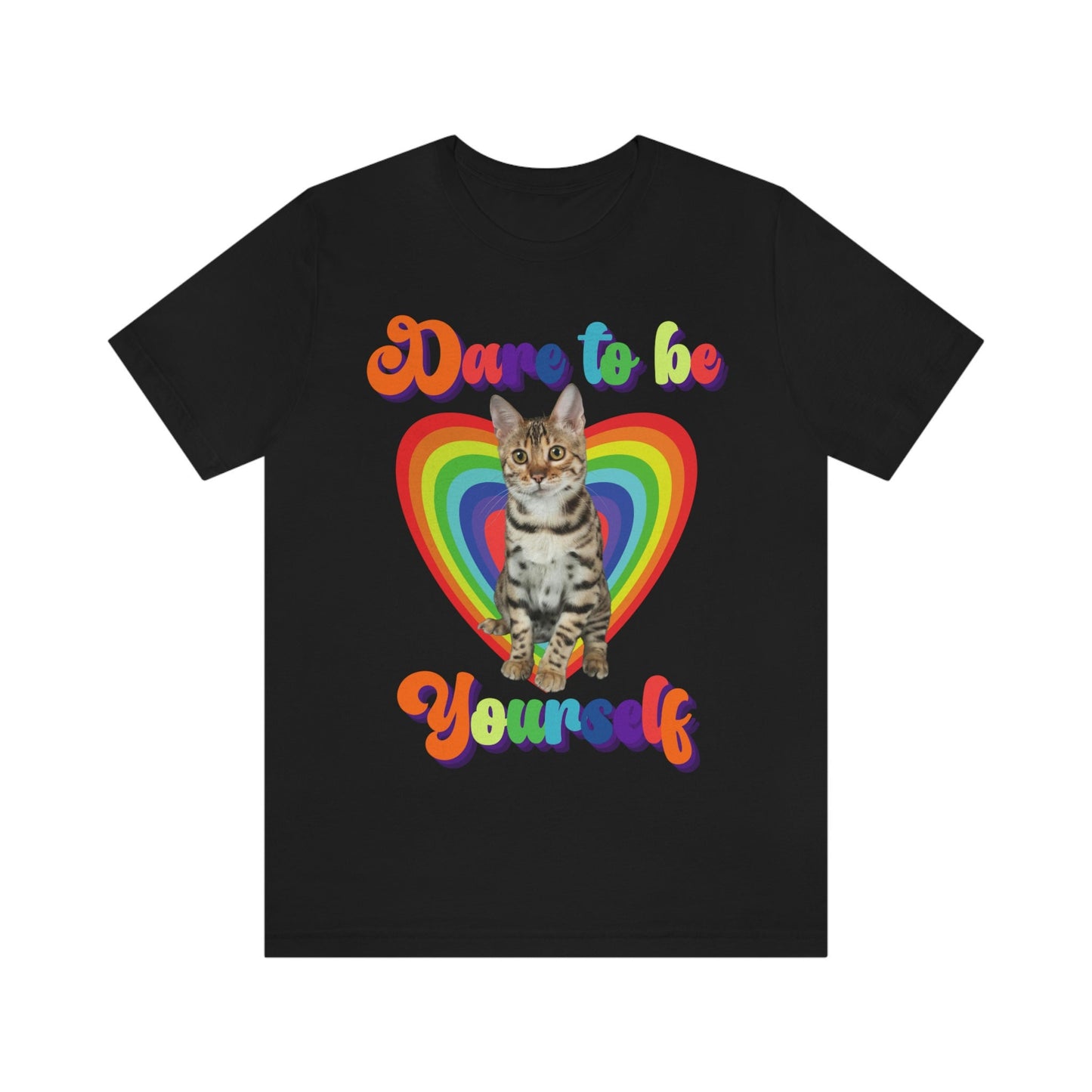 Dare to Be Yourself, LGBT Bengal Cat and Rainbow Heart Tshirt, Cat Lover Tee, Gift for Cat Parent Active Unisex Jersey Short Sleeve Tee