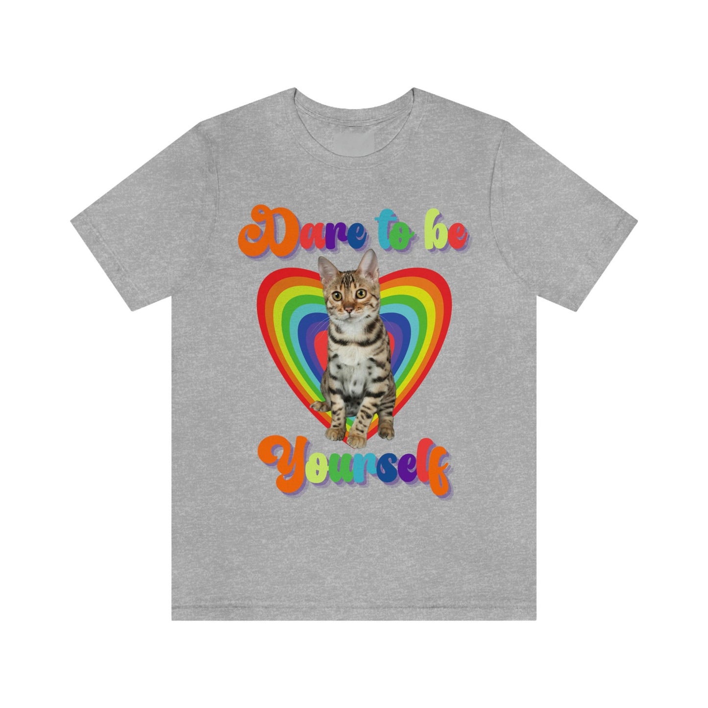 Dare to Be Yourself, LGBT Bengal Cat and Rainbow Heart Tshirt, Cat Lover Tee, Gift for Cat Parent Active Unisex Jersey Short Sleeve Tee