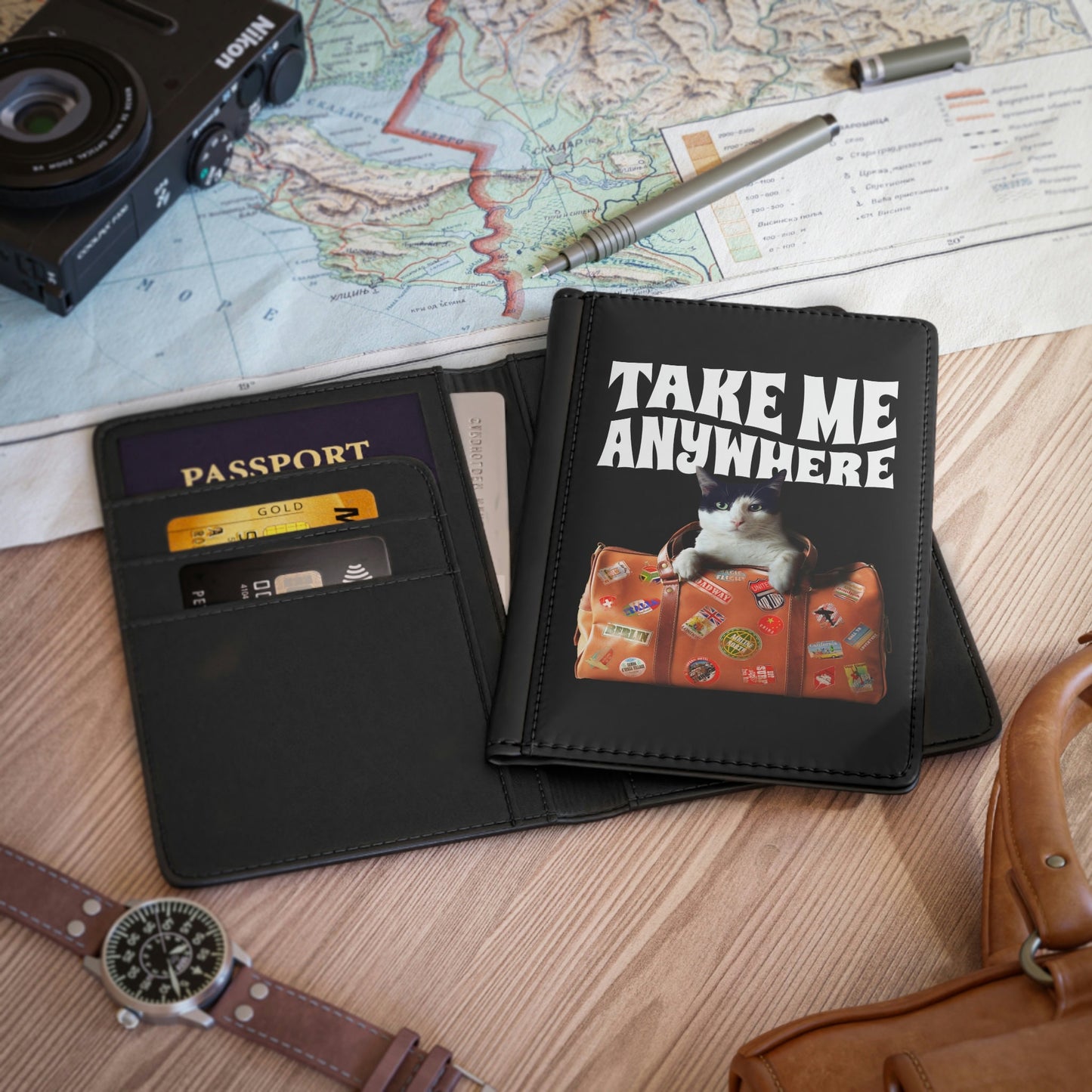Cute Tuxedo Cat Passport Cover, Cat With Suitcase, Traveling Cat, Travel Gift for Cat Lover, Cat Present Gift for Cat Mom, Mother's Day Gift