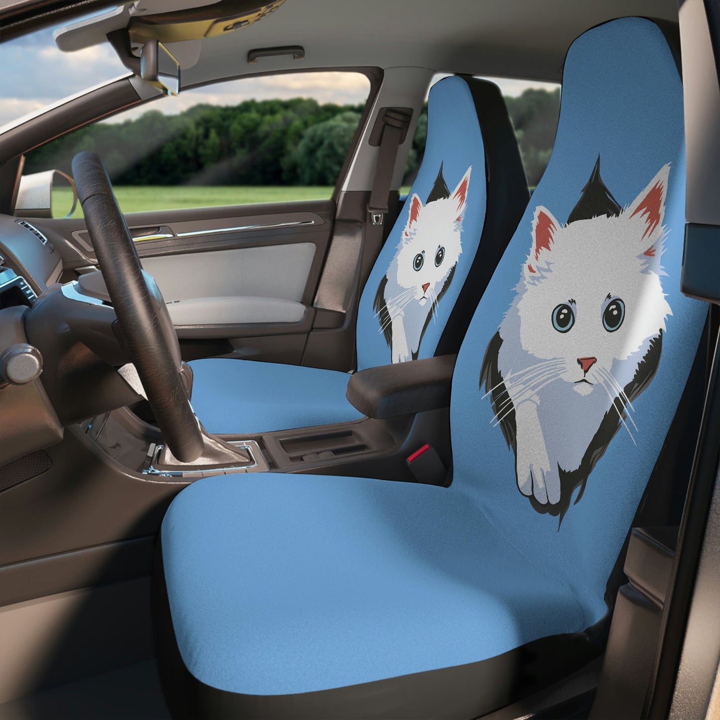 Cute White Cat Car Seat Covers, Blue-eyed Cat Protective Seat Covers, Set of Two Seat Covers
