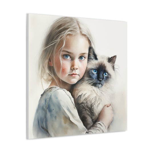 Watercolor Blonde Girl with Himalayan Cat Canvas Wrap, Vibrant Home Decor, Captivating Artwork, Gift for Cat Lovers - Available in 8 Sizes