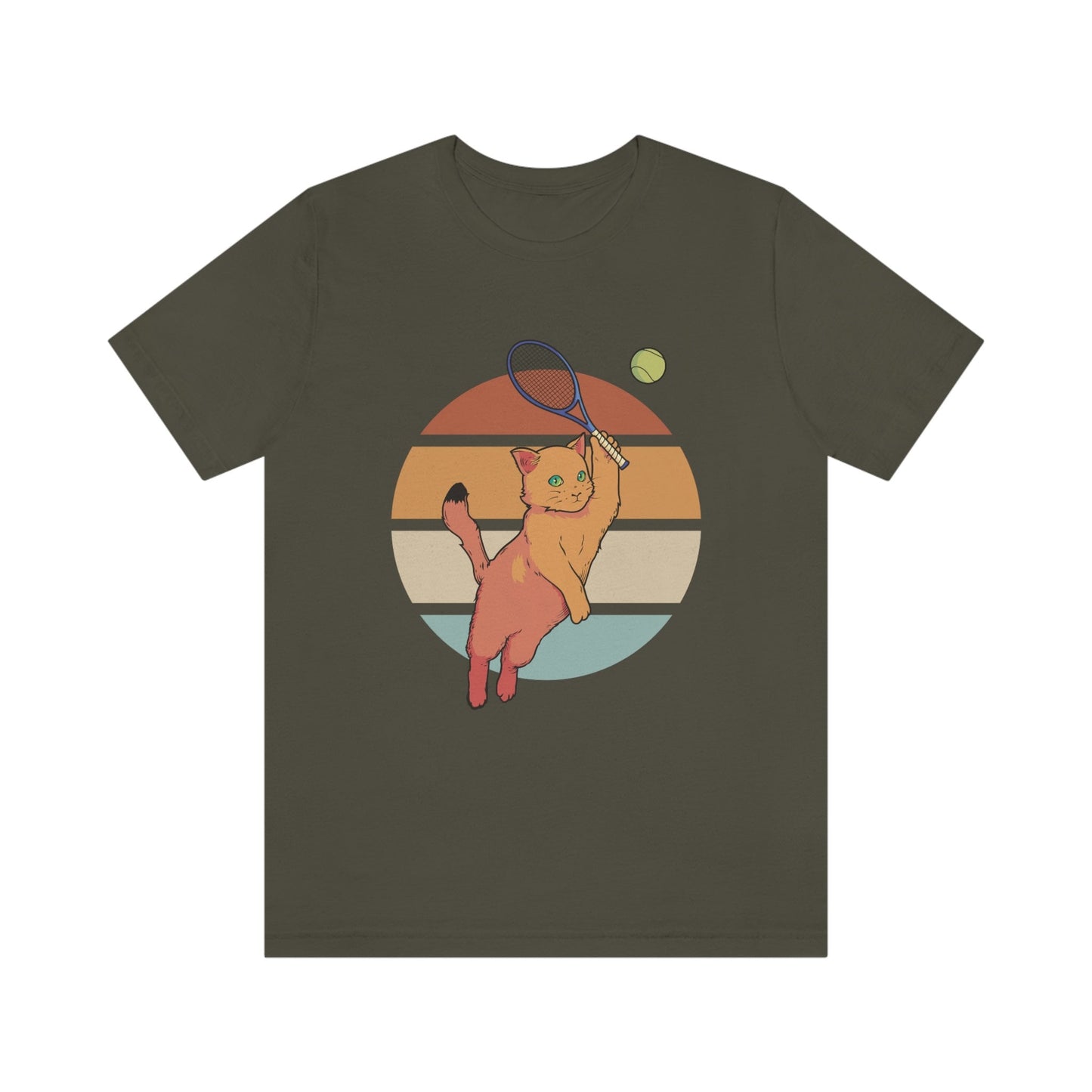 Cat Playing Tennis Tshirt, Gift for Tennis Lover, Cat Gift, Tennis Gift, Retro Sunset Graphic Shirt, Unisex Jersey Short Sleeve Tee