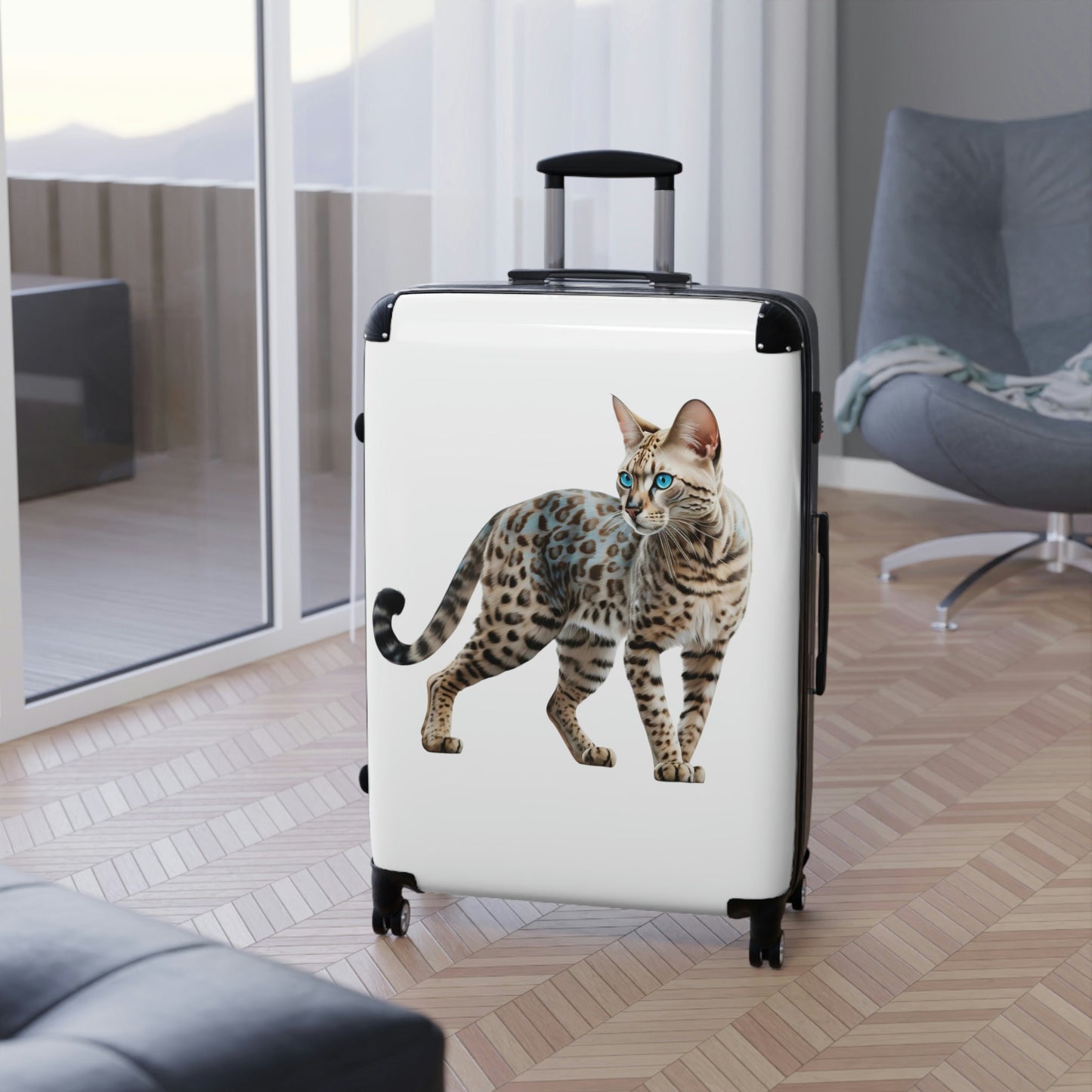 Snow Bengal Cat Suitcase, Blue-eyed Cat, Unique Luggage, Gift for Cat Lover, Seal Lynx Point Bengal Cat Gift