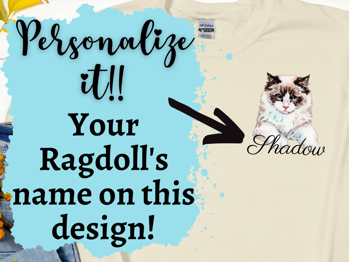Personalized Ragdoll Pocket Logo Crew Neck With Custom Name Cat Mom Dad Lover Sweatshirt Gift for Cat Lover