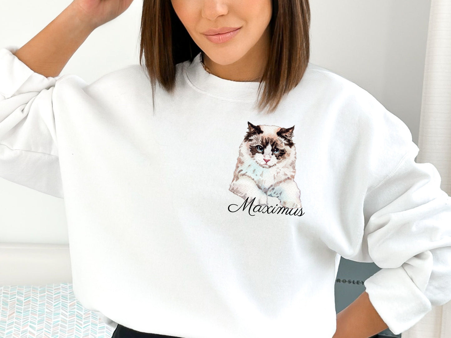 Personalized Ragdoll Pocket Logo Crew Neck With Custom Name Cat Mom Dad Lover Sweatshirt Gift for Cat Lover