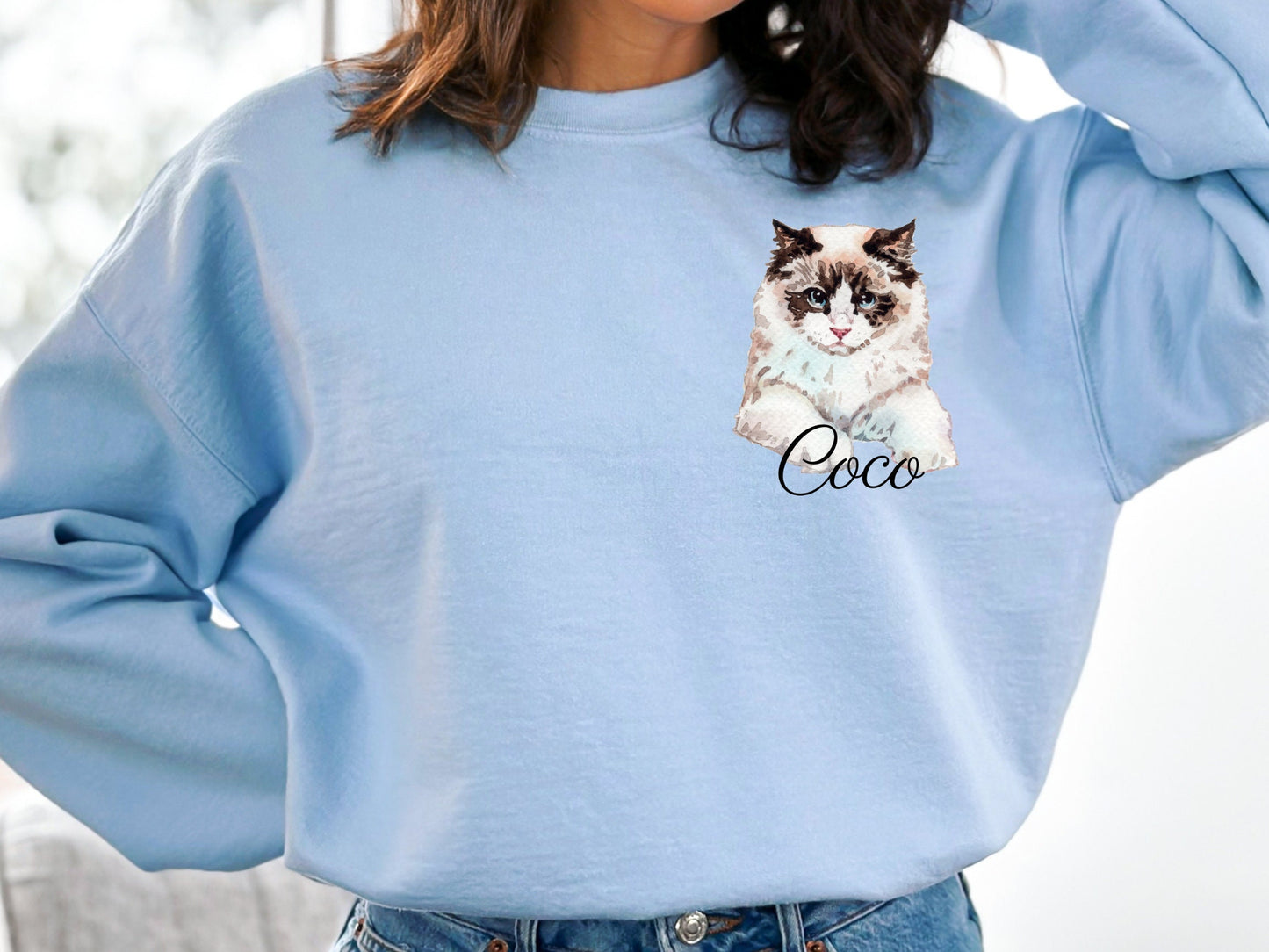 Personalized Ragdoll Pocket Logo Crew Neck With Custom Name Cat Mom Dad Lover Sweatshirt Gift for Cat Lover