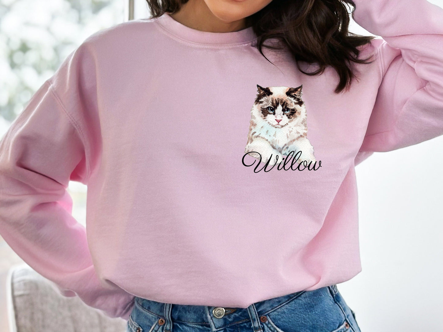 Personalized Ragdoll Pocket Logo Crew Neck With Custom Name Cat Mom Dad Lover Sweatshirt Gift for Cat Lover