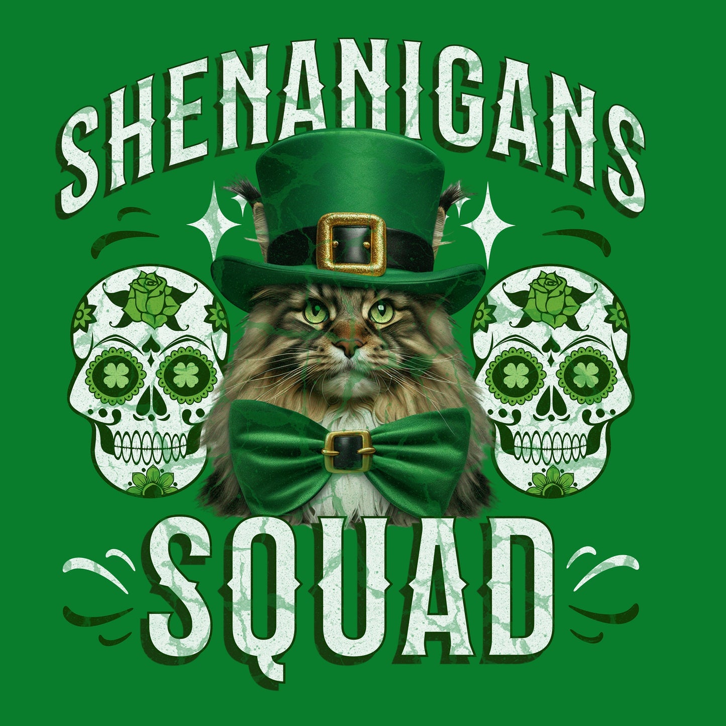 Maine Coon St Patricks Day tShirt Leprechaun Skulls St. Paddy's Cat St. Patricks Mainecoon Clothes Main Coon Themed Gifts Green Cat Shirt