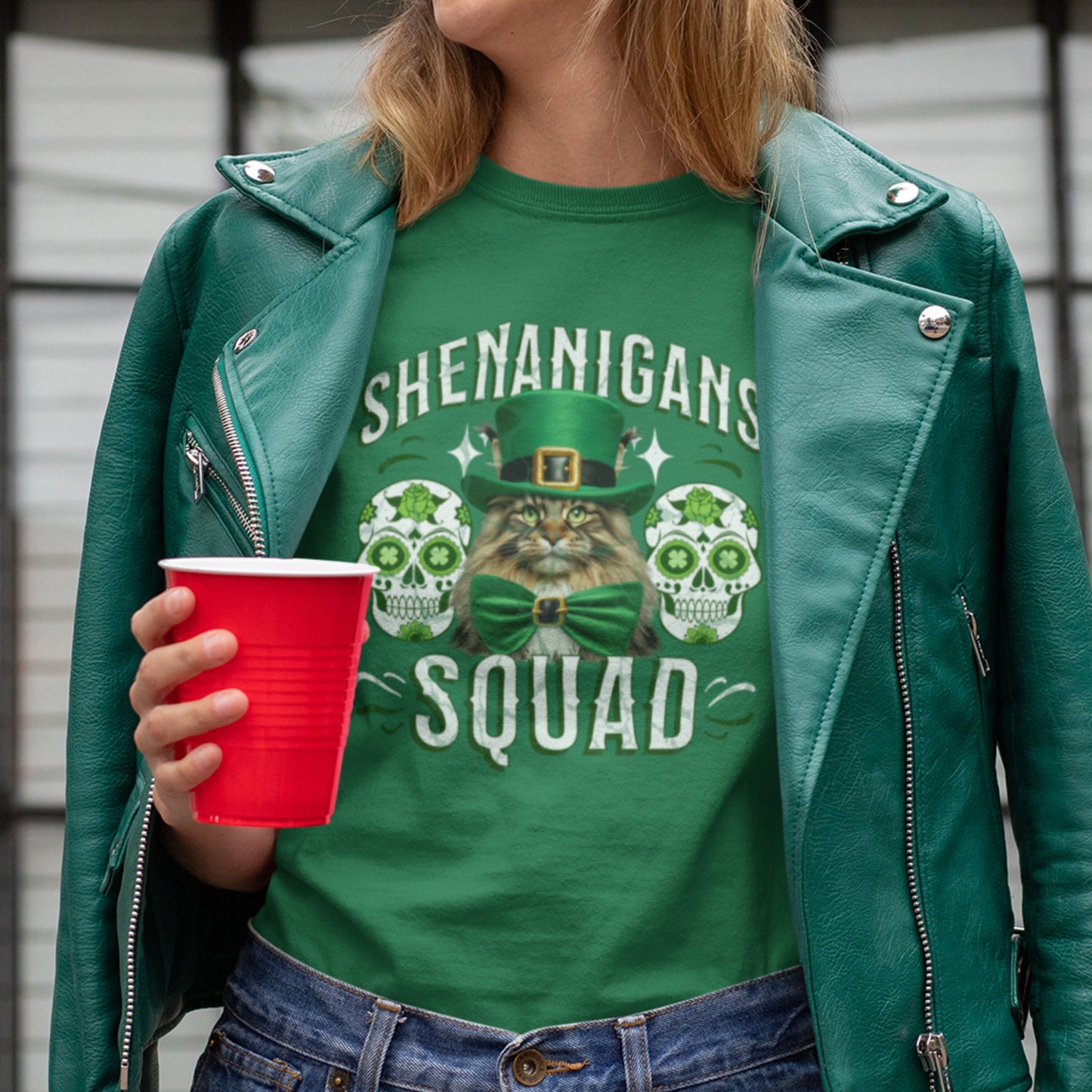 Maine Coon St Patricks Day tShirt Leprechaun Skulls St. Paddy's Cat St. Patricks Mainecoon Clothes Main Coon Themed Gifts Green Cat Shirt