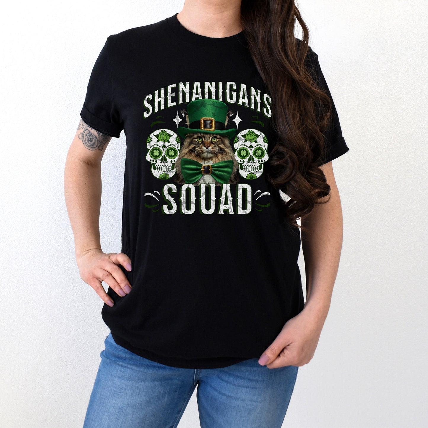 Maine Coon St Patricks Day tShirt Leprechaun Skulls St. Paddy's Cat St. Patricks Mainecoon Clothes Main Coon Themed Gifts Green Cat Shirt