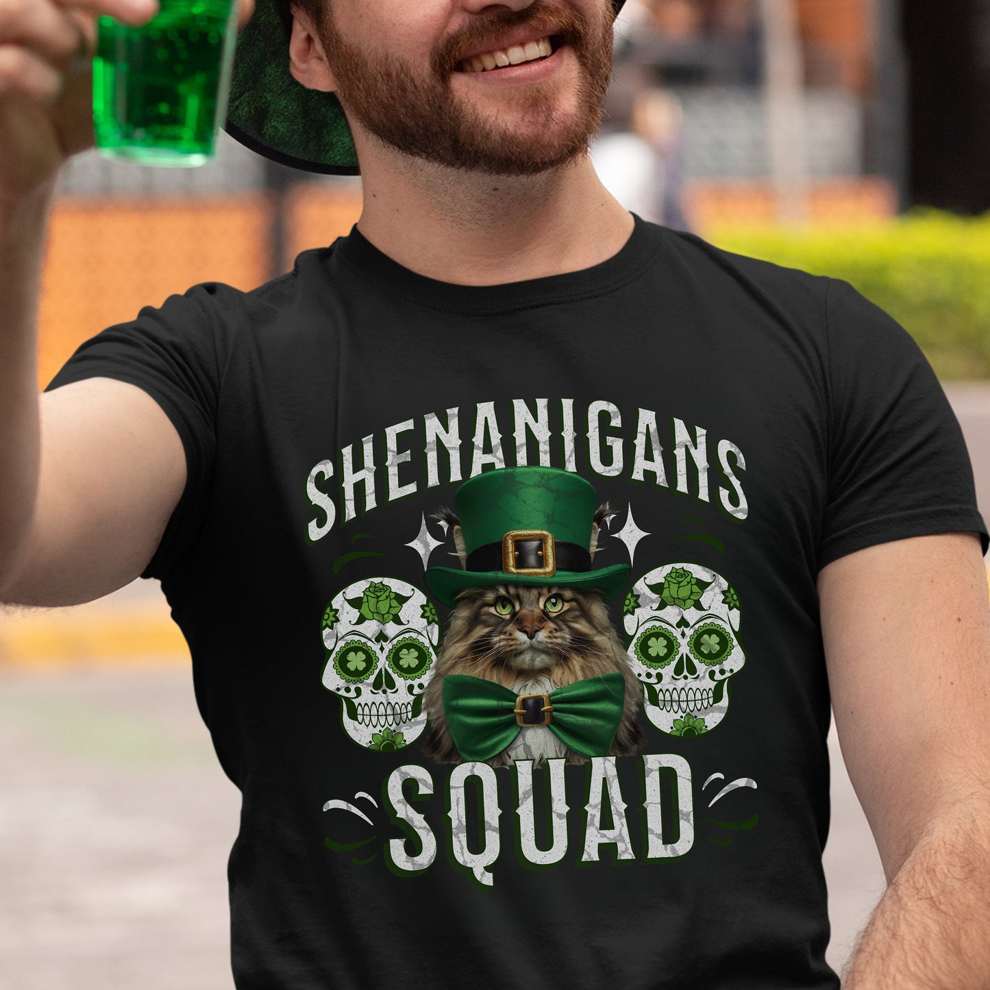Maine Coon St Patricks Day tShirt Leprechaun Skulls St. Paddy's Cat St. Patricks Mainecoon Clothes Main Coon Themed Gifts Green Cat Shirt