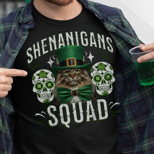 Maine Coon St Patricks Day tShirt Leprechaun Skulls St. Paddy's Cat St. Patricks Mainecoon Clothes Main Coon Themed Gifts Green Cat Shirt
